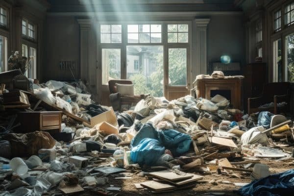 Cluttered room filled with debris.