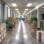 Boxes lined up in office hallway.