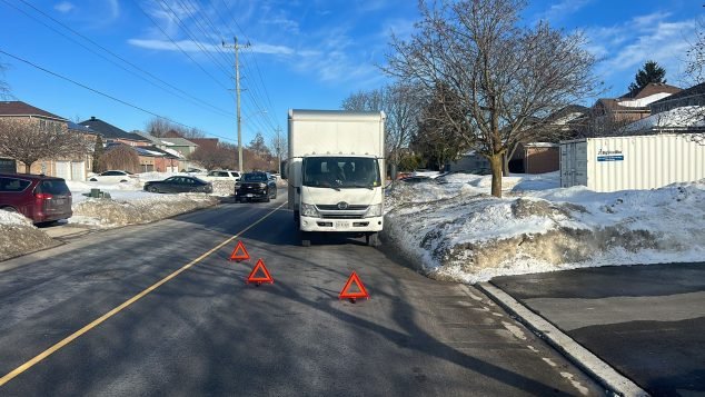 Truck parked with warning triangles deployed.