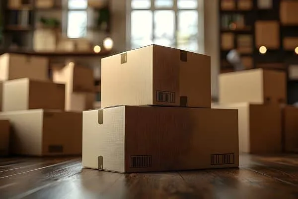 Boxes stacked in a cozy room.