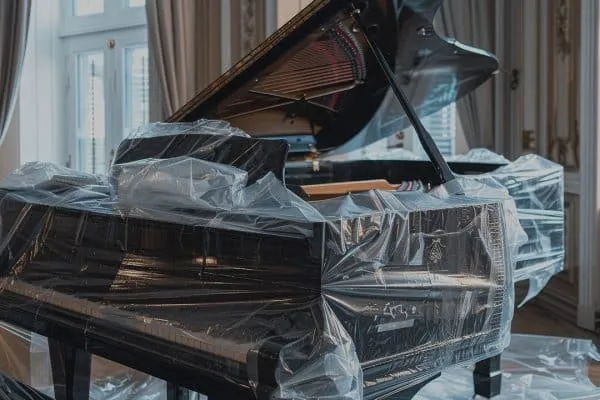 Grand piano wrapped for protection