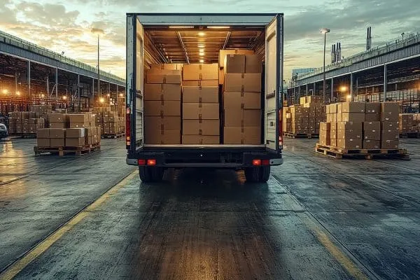 Truck loaded with cardboard boxes.