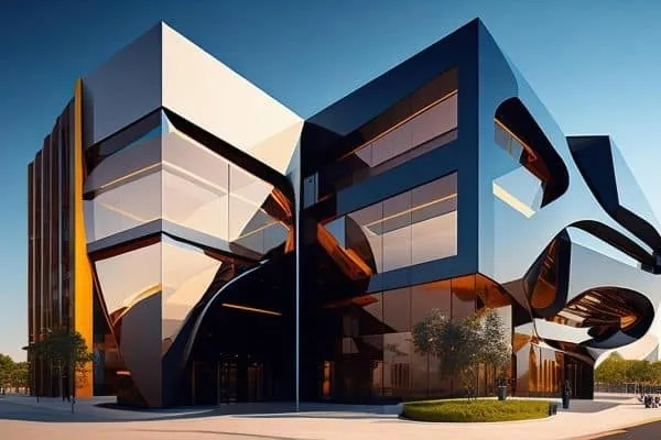 Futuristic angular glass office building.