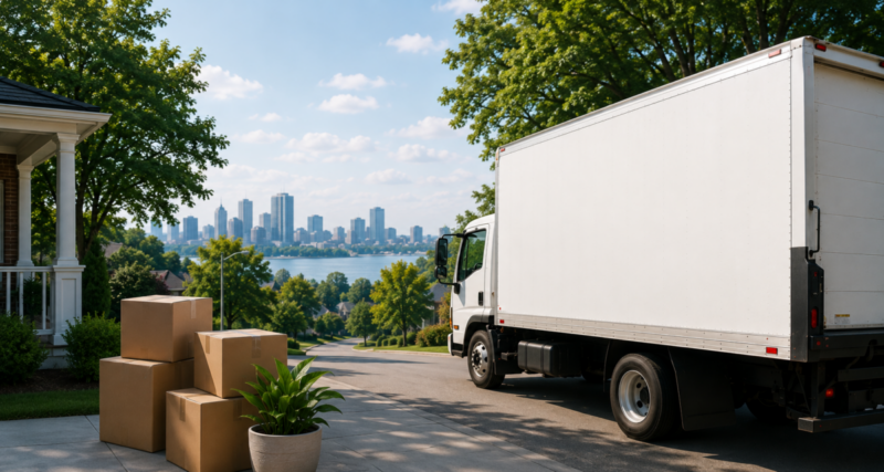 Long distance moving truck traveling across Ontario